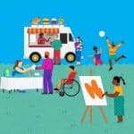 Colorful illustration of a community festival with families, a food truck, an art station, a welcome table, volleyball and people of all ages enjoying outdoor activities.