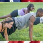 PHoto of men an women outdoors in a plank position, working out as a group