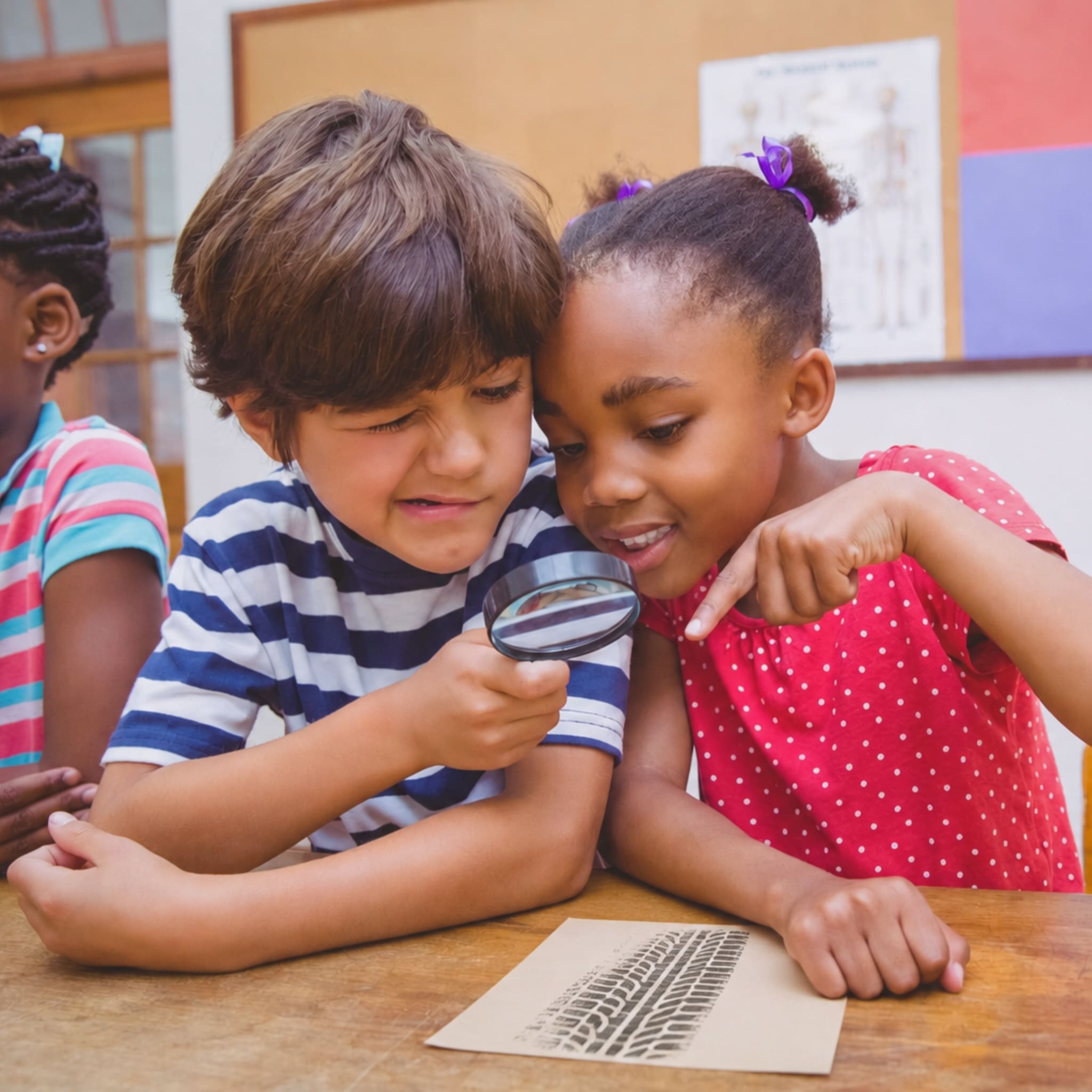 Children investigate forensic science evidence with magnifying glasses during a YMCA Discovery Club STEM activity.
