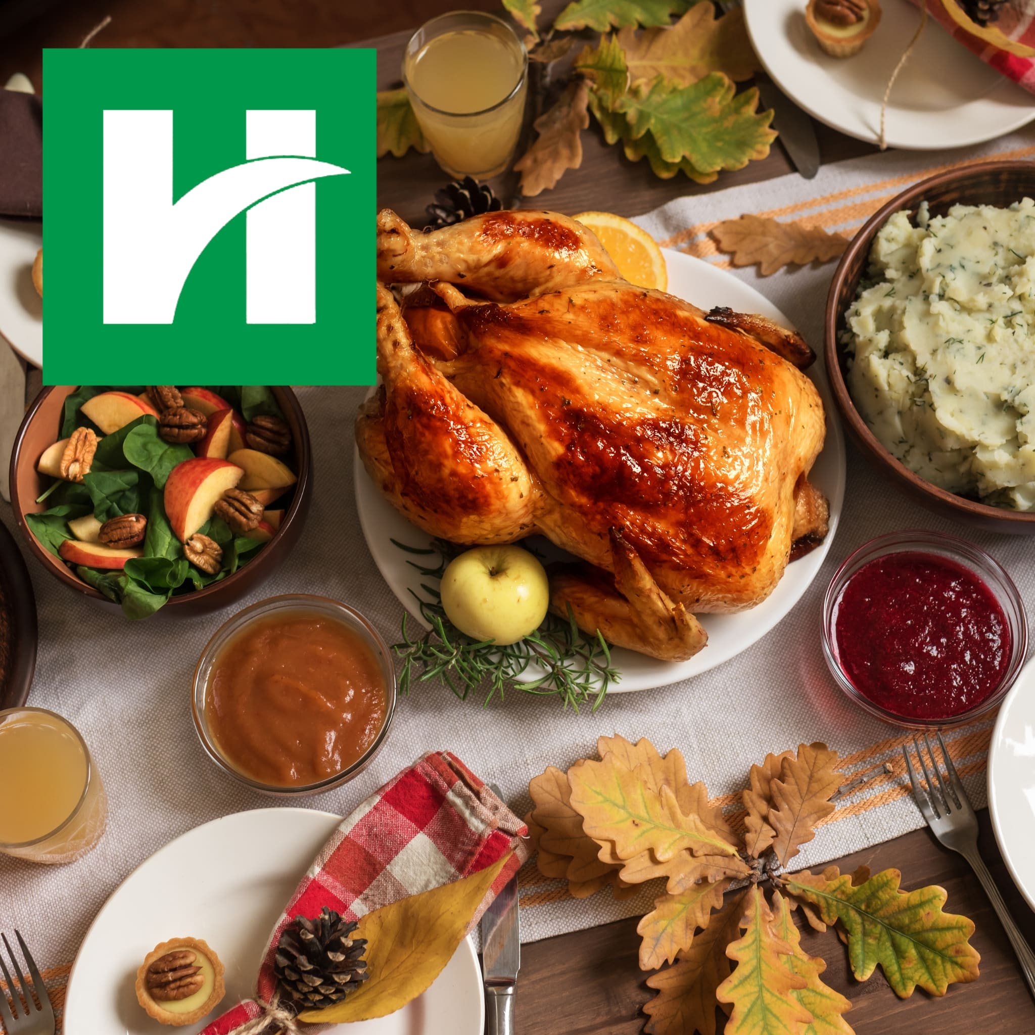 Nutrition Top Tips: Thanksgiving dinner featuring roasted turkey, mashed potatoes, cranberry sauce, salad and seasonal sides, with the Hendricks Regional Health logo in the top left.