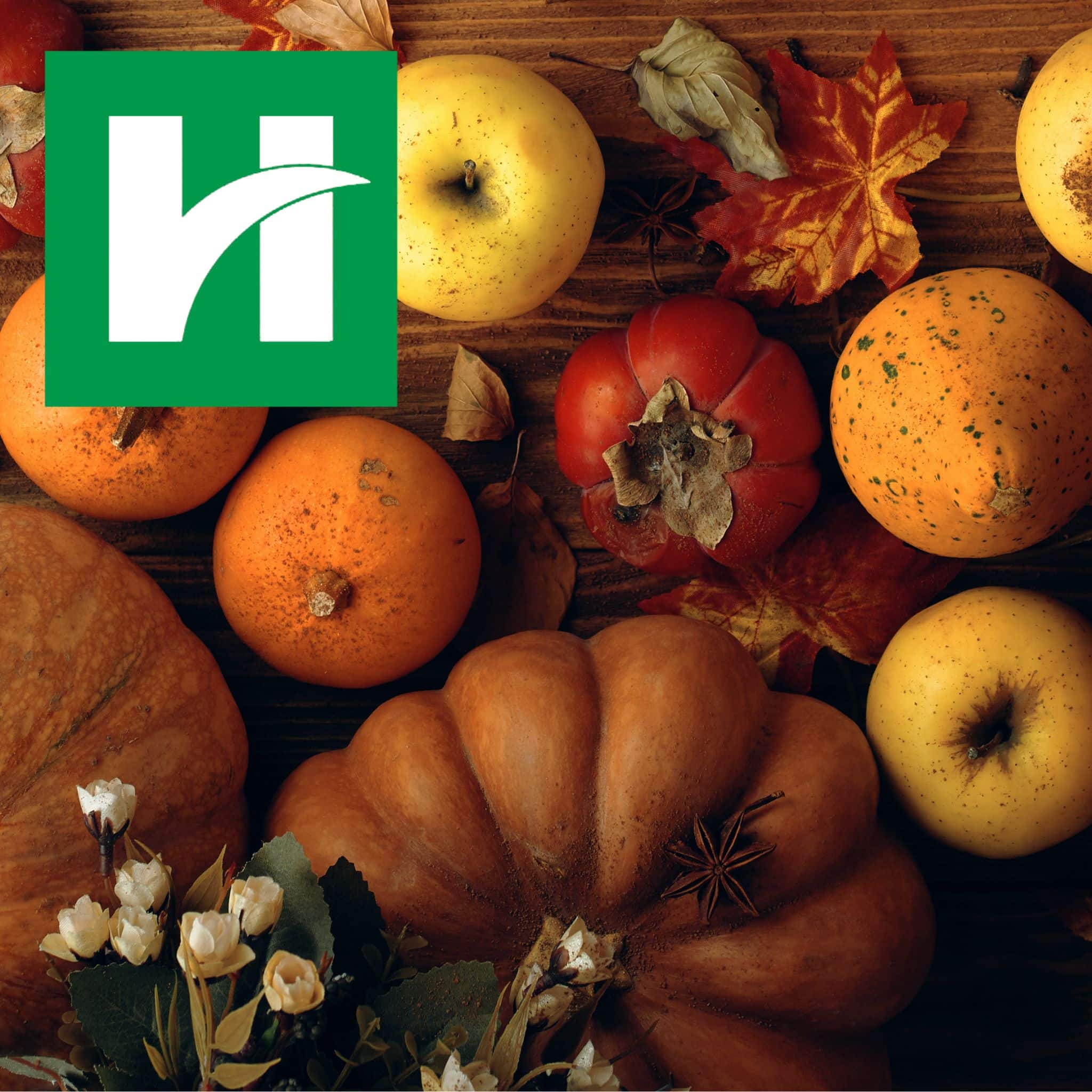 Autumn display of pumpkins, apples, leaves and flowers on a wooden background, with the green Hendricks Regional Health logo in the upper left.